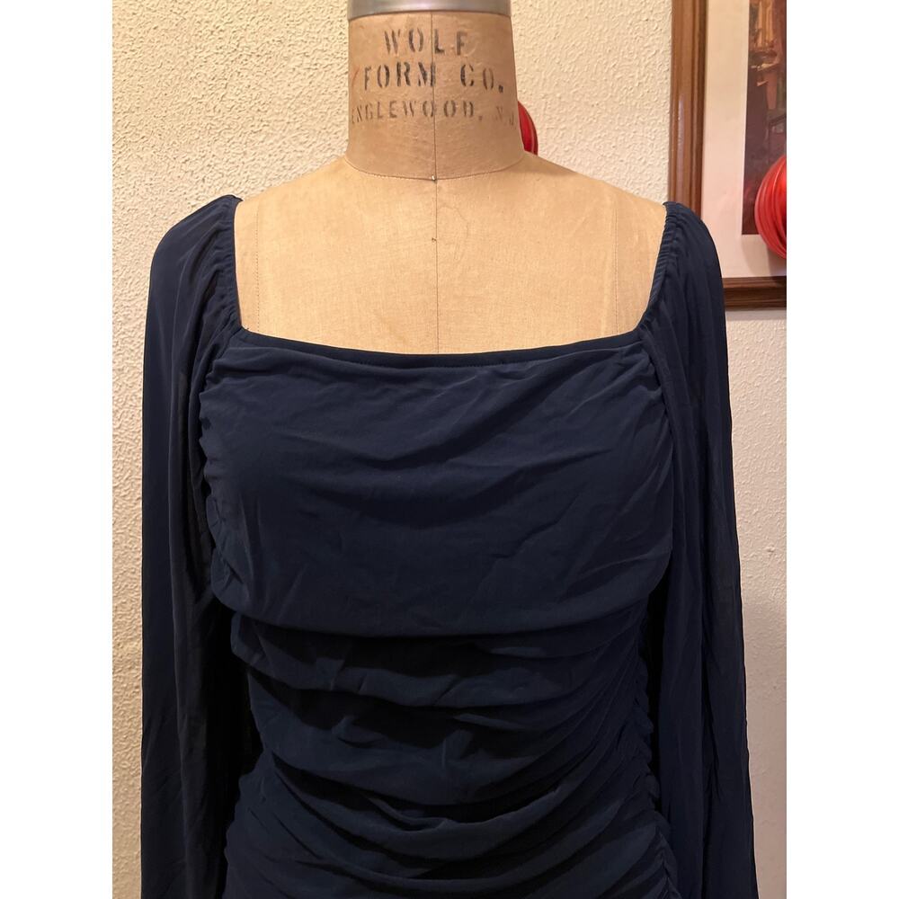 Fashion Square Neck Long Sleeve Ruched Bodycon Dress Blue Size XL - Picture 2 of 12